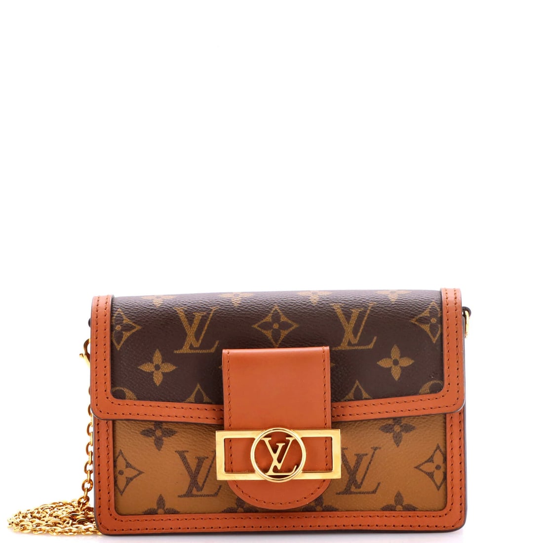 Dauphine Chain Wallet Reverse Monogram Louis Vuitton: Dauphine Chain Wallet Reverse Monogram Louis Vuitton The Dauphine Chain Wallet Reverse Monogram Louis Vuitton boasts a classic design with its canvas-coated exterior in brown, adorned with the iconic