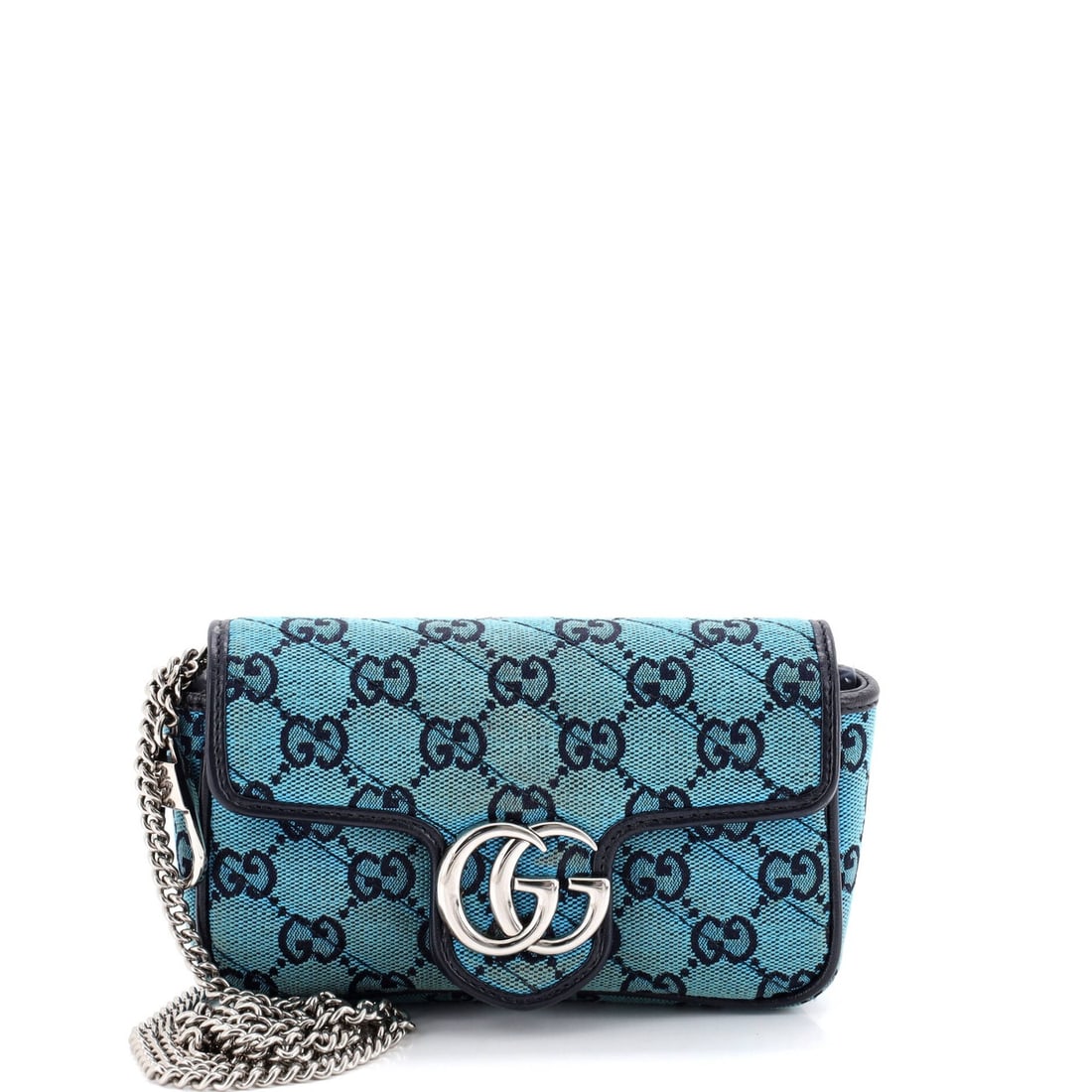 Flap bag quilted canvas super mini diagonal marmont gucci: Flap bag quilted canvas super mini diagonal marmont gucci Blue canvas GG Marmont flap bag with quilted diagonal design, featuring key ring and strap. Measuring 4" x 6.5" x 2", it has a silver hardware
