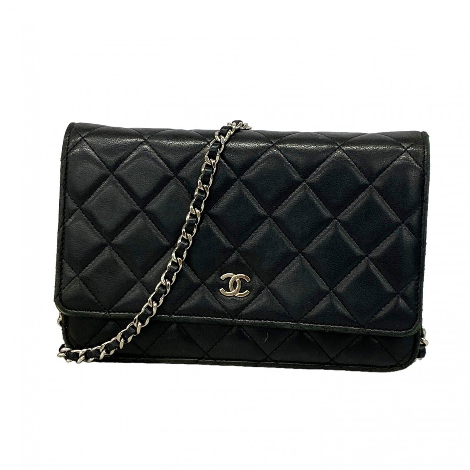 Chain Wallet Leather for Shoulder: Chain Wallet Leather for Shoulder Chain Wallet Leather for Shoulder in Black features a sleek, structured design made from high-quality lambskin leather. The chain strap provides a versatile and styli