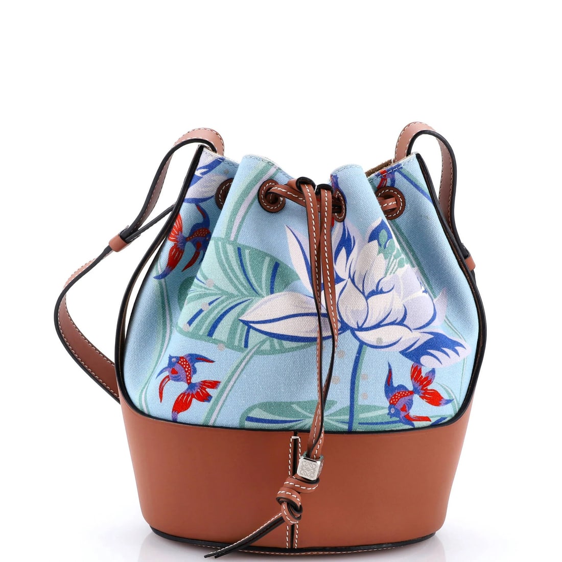 Loewe Paula's Ibiza Balloon Bucket Bag Printed Canvas and Leather Small: Loewe Paula's Ibiza Balloon Bucket Bag Printed Canvas and Leather Small Small Loewe Paula's Ibiza Balloon Bucket Bag in Brown with Canvas and Leather Details. This printed canvas and leather small