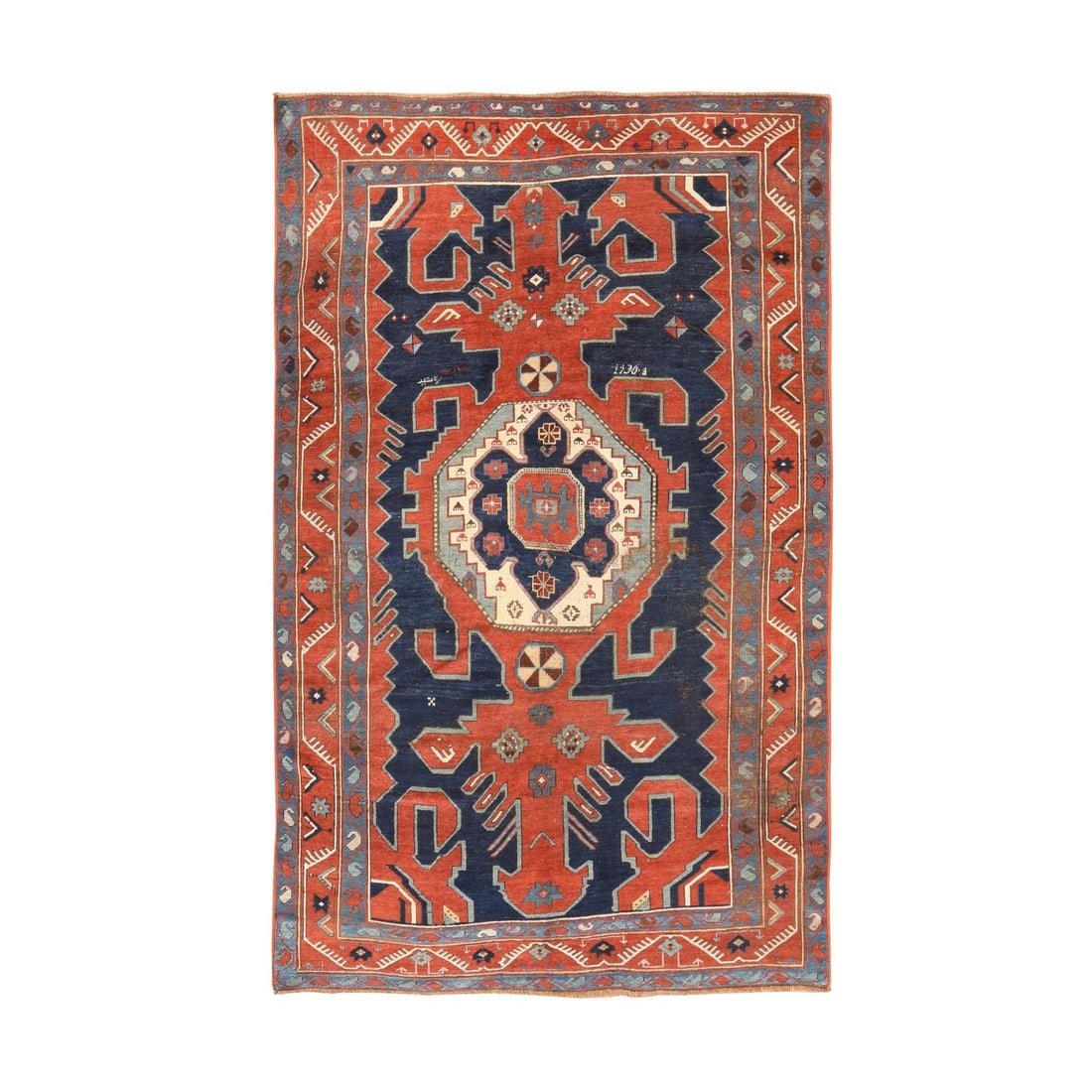 5'1"x8'7" Red Antique Armenian Kazak Signed and Dated 1914 Wool Hand Knotted: 5'1"x8'7" Red Antique Armenian Kazak Signed and Dated 1914 Wool Hand Knotted This stunning 5'1"x8'7" Red Antique Armenian Kazak rug boasts an intricate medallion pattern and rectangular field, showcas
