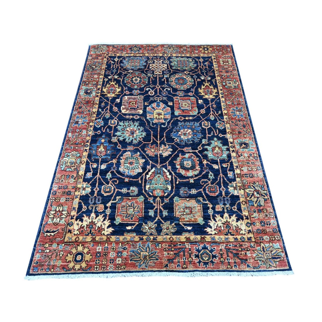 4'2"x6'2" Blue Northwest Zoroastrian All Over Design Wool Hand Knotted Rug: 4'2"x6'2" Blue Northwest Zoroastrian All Over Design Wool Hand Knotted Rug Hand-knotted in wool, this stunning 4'2"x6'2" blue Zoroastrian all-over design rug boasts a rich, vibrant color palette featu