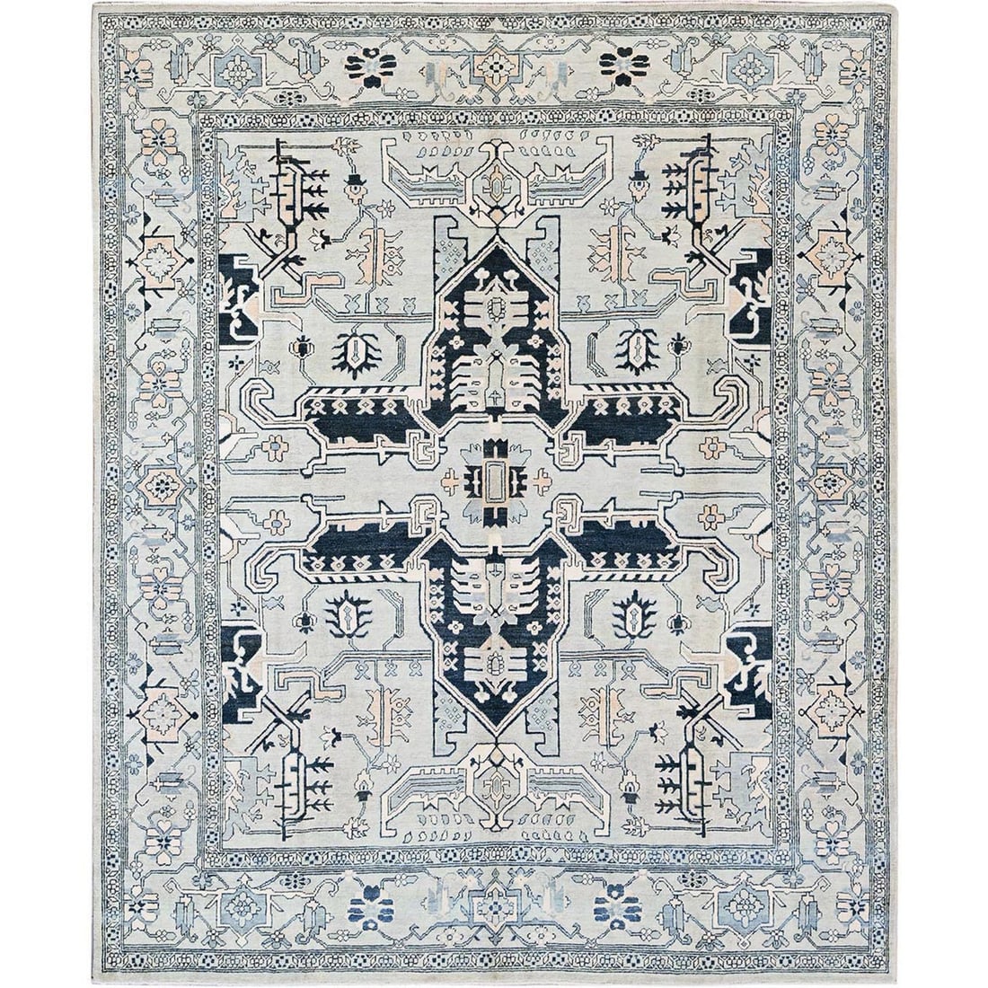 8'x9'9" Cloud Gray Peshawar Seeripe Heris Design Hand Knotted 100% Wool Rug: 8'x9'9" Cloud Gray Peshawar Seeripe Heris Design Hand Knotted 100% Wool Rug Cloud Gray Peshawar Heris Design Hand Knotted Wool Rug boasts an impressive 8'0" x 9'9" rectangular field, perfectly sized f