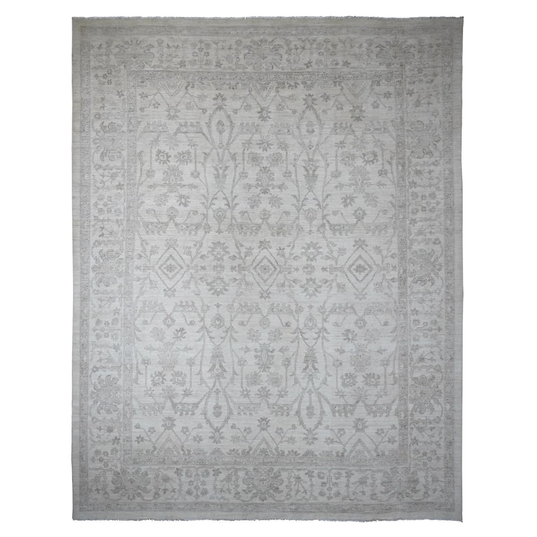 11'7"x14'10" White Hand Knotted Washed Out Peshawar Design Wool XL Rug: 11'7"x14'10" White Hand Knotted Washed Out Peshawar Design Wool XL Rug This stunning 11'7"x14'10" White Hand Knotted Washed Out Peshawar Design Wool XL Rug boasts a timeless oriental design, crafted f