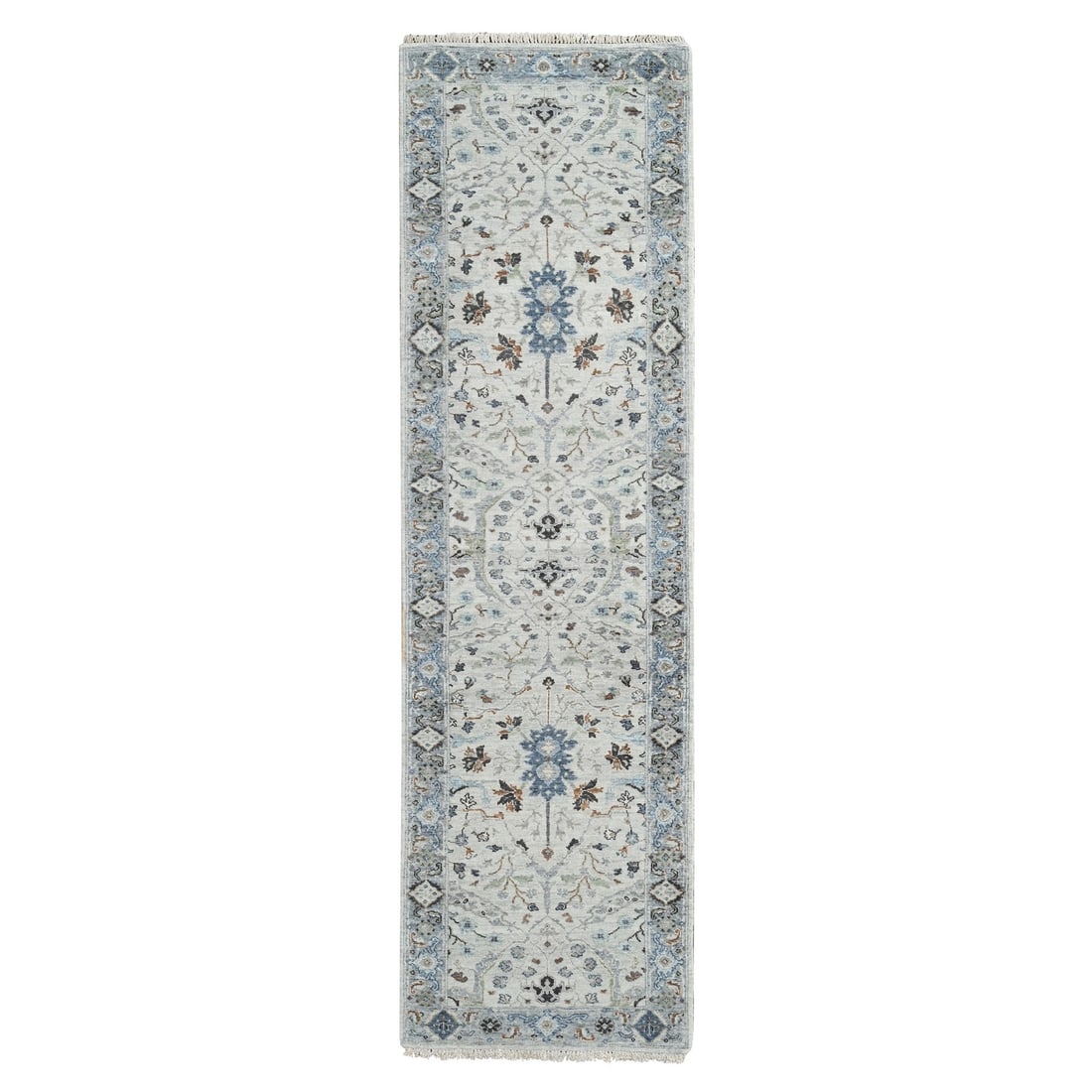 2'6"x9'10" Owl Gray Hand Knotted Oushak Dense Weave Wool Runner Rug: 2'6"x9'10" Owl Gray Hand Knotted Oushak Dense Weave Wool Runner Rug Oushak type rug with hand-knotted wool construction, featuring a dense weave and grey field color. This 2'6" x 9'10" runner rug boas