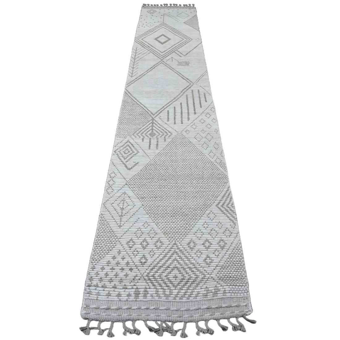 2'5"x14'3" White Geometric Moroccan Weave Hand Knotted Wool Runner Rug: 2'5"x14'3" White Geometric Moroccan Weave Hand Knotted Wool Runner Rug The 2'5"x14'3" White Geometric Moroccan Weave Hand Knotted Wool Runner Rug boasts an impressive size and striking ivory color, ma