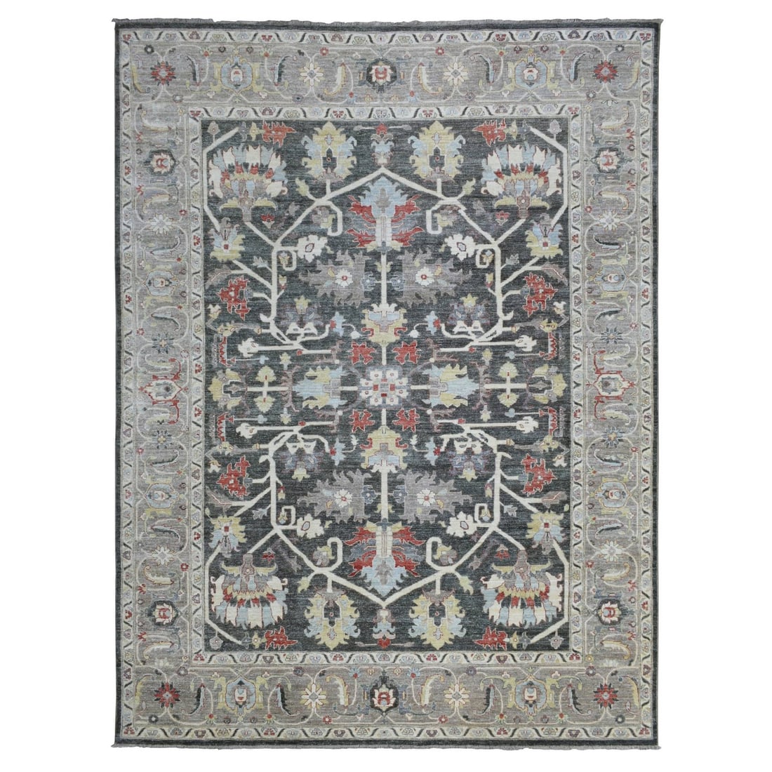 9'3"x11'9" Charcoal Black Afghan Peshawar Soft Wool Hand Knotted Rug: 9'3"x11'9" Charcoal Black Afghan Peshawar Soft Wool Hand Knotted Rug 9'3" x 11'9" Charcoal Black Afghan Peshawar Soft Wool Hand Knotted Rug - A stunning example of traditional Afghan craftsmanship, th