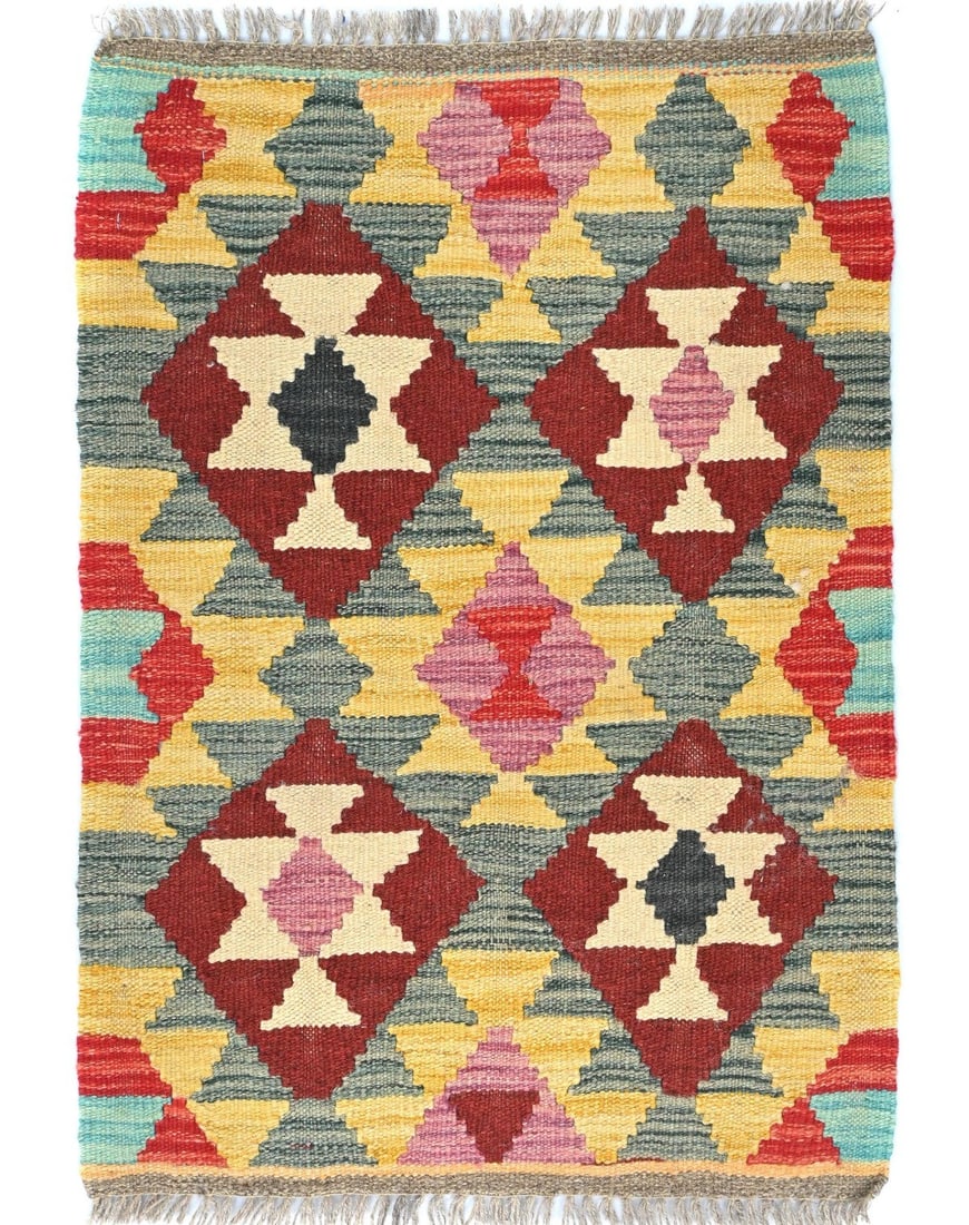 Small Multicolored Geometric Reversible Kilim Oriental Rug Bedroom Carpet 2X3 Ft Hand-Knotted (1 of 13)