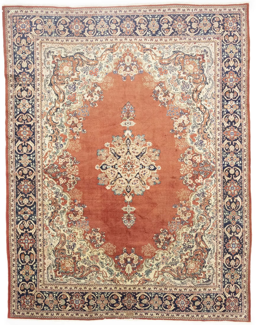 Semi-Antique Hand-Knotted Floral Rug Extra Large Wool Oriental Carpet 10X13 Ft Hand-Knotted: Semi-Antique Hand-Knotted Floral Rug Extra Large Wool Oriental Carpet 10X13 Ft Hand-Knotted Hand-knotted in traditional Oriental style, this semi-antique floral rug boasts an extra-large 10'4 x 13'2 s