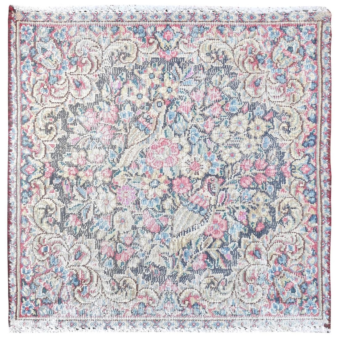 1'9"x1'9" Colorful Hand Knotted Old Farsian Karman Worn Wool Square Rug: 1'9"x1'9" Colorful Hand Knotted Old Farsian Karman Worn Wool Square Rug The Farsian Karman rug boasts a vibrant, multicolored design with intricate patterns, characteristic of the traditional Turkish 