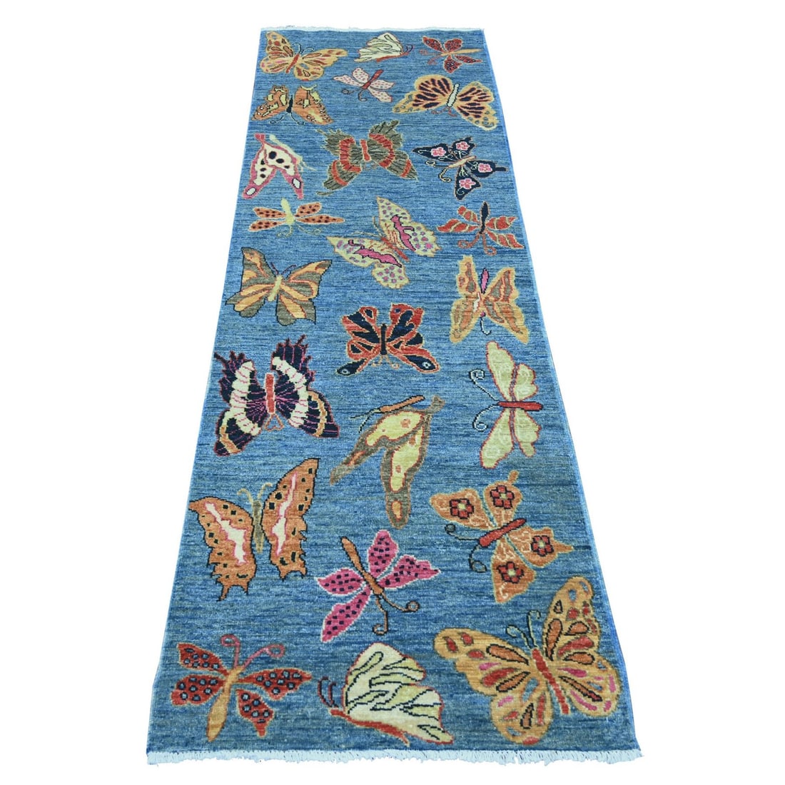 2'6"x7'6" Blue Hand Knotted Peshawar Butterfly Design Soft Wool Runner Rug: 2'6"x7'6" Blue Hand Knotted Peshawar Butterfly Design Soft Wool Runner Rug Hand-knotted in Afghanistan, this stunning Blue Butterfly design soft wool runner rug boasts an intricate Peshawar pattern. M