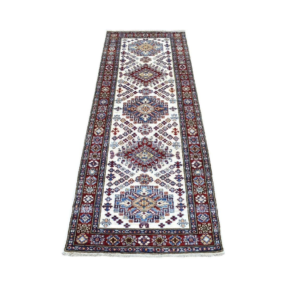 2'6"x6'9" Hand Knotted Super Kazak Pure Wool Ivory Oriental Runner Rug: 2'6"x6'9" Hand Knotted Super Kazak Pure Wool Ivory Oriental Runner Rug Hand-knotted in pure wool, this stunning Kazak rug boasts an elegant ivory color and intricate oriental design. Measuring 2'6" x 