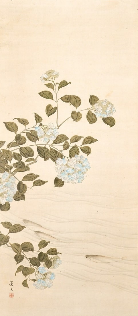 Matsumura Keibun Japanese Woodblock Print Hydrangeas and Sweetfish Ayu Art (1 of 3)