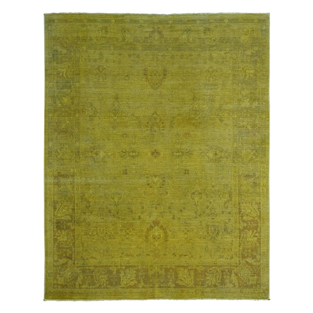 Yellow Tribal Design Hand Knotted Wool Overdyed Zero Pile Rug: Yellow Tribal Design Hand Knotted Wool Overdyed Zero Pile Rug Yellow Tribal Design Hand Knotted Wool Overdyed Zero Pile Rug features a vibrant yellow field with geometric patterns, characteristic of A