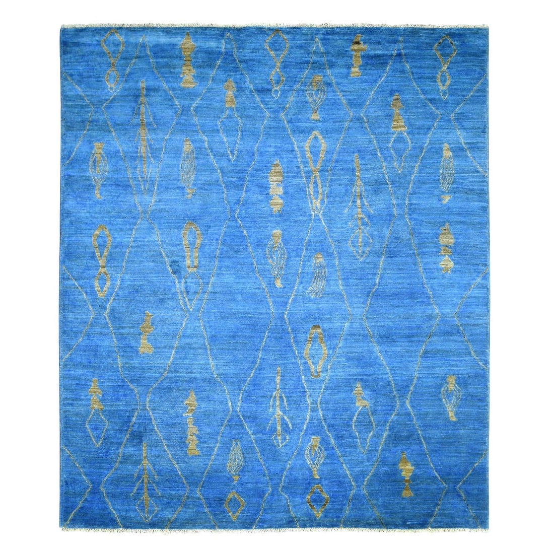 8'4"x9'4" Denim Blue Hand Knotted Soft and Shiny Wool Moroccan Berber Rug: 8'4"x9'4" Denim Blue Hand Knotted Soft and Shiny Wool Moroccan Berber Rug Soft and Shiny Wool Moroccan Berber Rug in Denim Blue. This hand-knotted, rectangular field rug features an oriental regional 