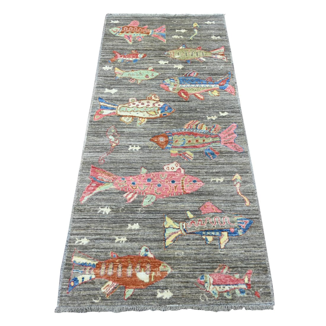 2'7"x5'10" Brown Hand Knotted Peshawar Fish Design Soft Wool Runner Rug: 2'7"x5'10" Brown Hand Knotted Peshawar Fish Design Soft Wool Runner Rug The Peshawar Fish Design Soft Wool Runner Rug boasts a stunning brown color and intricate hand-knotted design, showcasing the tr