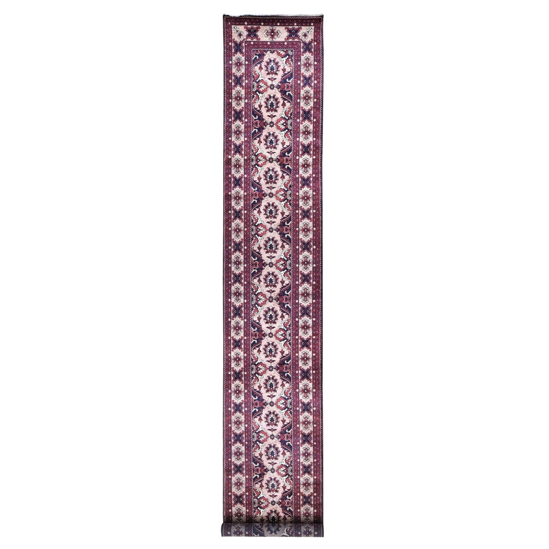 Pink Afghan Wool Shiny Hand Khamyab Knotted XL Runner Rug: Pink Afghan Wool Shiny Hand Khamyab Knotted XL Runner Rug Pink Afghan Wool Shiny Hand Khamyab Knotted XL Runner Rug boasts an impressive size and vibrant pink hue, making it a striking addition to any