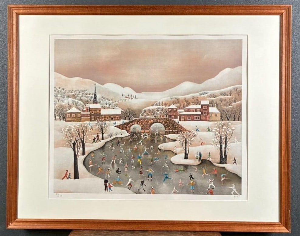 Isabelle Bailen Lithograph Signed Limited Winter Village Ice Skating Scene Frame (1 of 12)