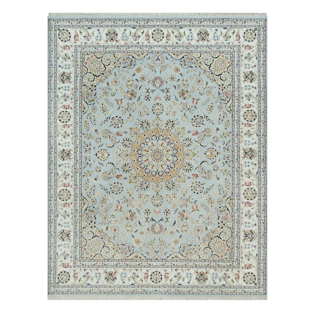 7'7"x9'9" Celeste Blue Nain Design 250 KPSI Hand Knotted Square Rug: 7'7"x9'9" Celeste Blue Nain Design 250 KPSI Hand Knotted Square Rug The Celeste Blue Nain Design hand knotted wool rug boasts an impressive size, measuring 7'7" x 9'9" in a rectangular field with a fl
