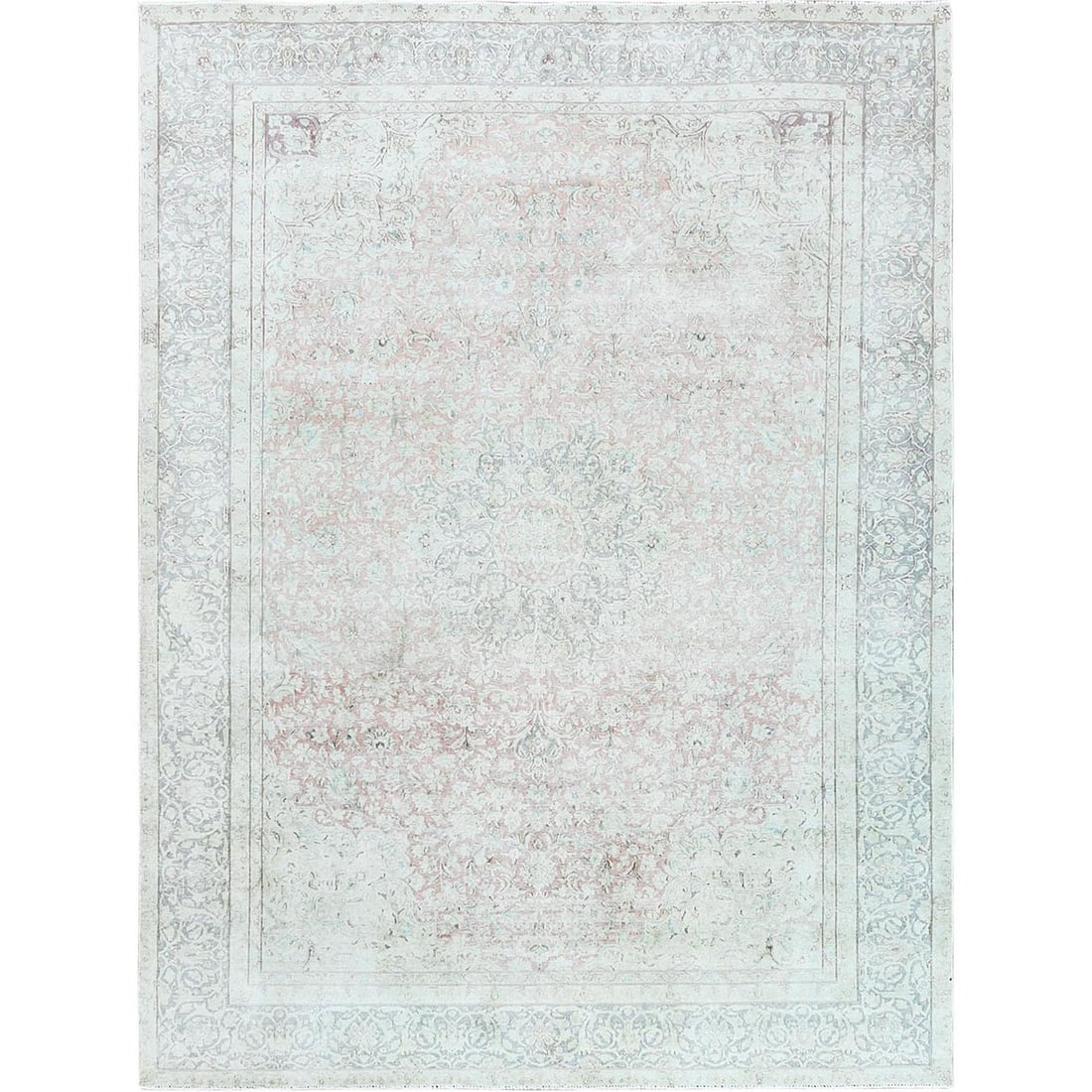 9'8"x12'10" Worn Wool Hand Knotted Ivory Vintage Farsian Karman Rug: 9'8"x12'10" Worn Wool Hand Knotted Ivory Vintage Farsian Karman Rug 9'8"x12'10" Worn Wool Hand Knotted Ivory Vintage Farsian Karman Rug bears a signature and showcases its unique, worn character. Made