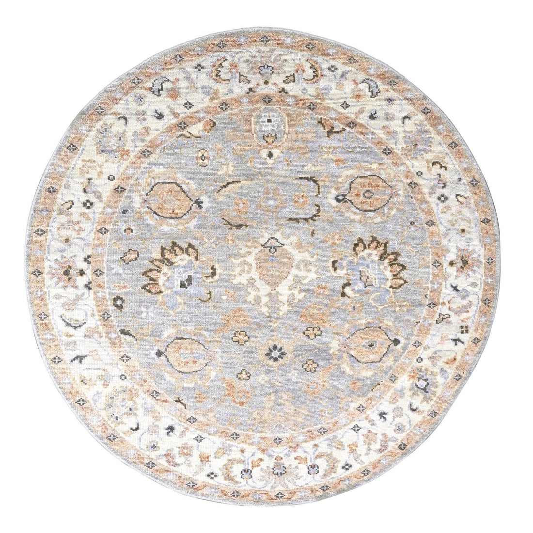 7'10"x8' Hand Knotted Oushak Inspired Pure Wool Round Oriental Rug: 7'10"x8' Hand Knotted Oushak Inspired Pure Wool Round Oriental Rug The 7'10"x8' Hand Knotted Oushak Inspired Pure Wool Round Oriental Rug boasts an impressive size and intricate details, with a stunni