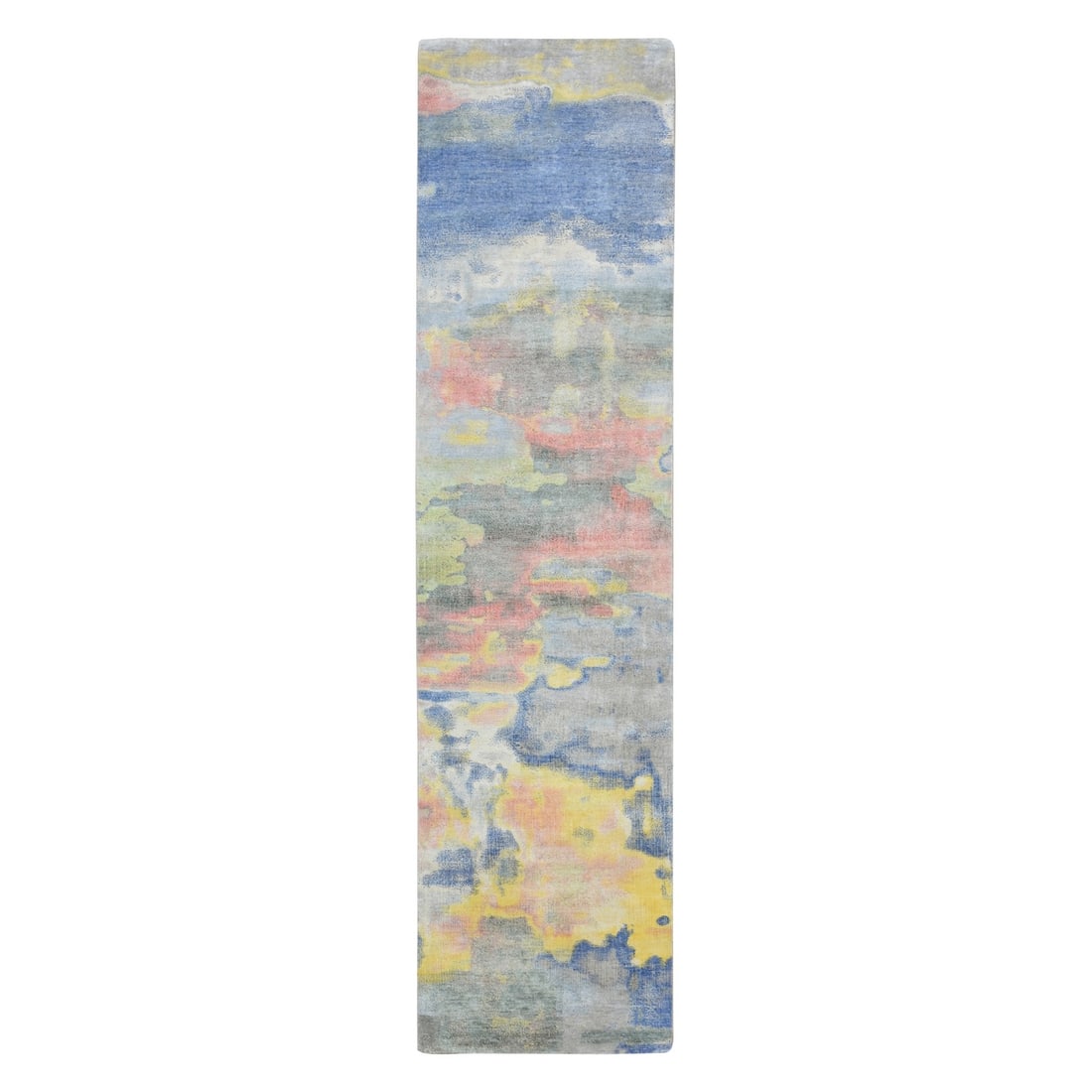Modern Design Pure Silk Hand Knotted Runner Rug Gray Pastel Colors: Modern Design Pure Silk Hand Knotted Runner Rug Gray Pastel Colors Silk hand-knotted runner rug with modern design, featuring soft gray pastel colors. Made from high-quality pure silk, this unique pie
