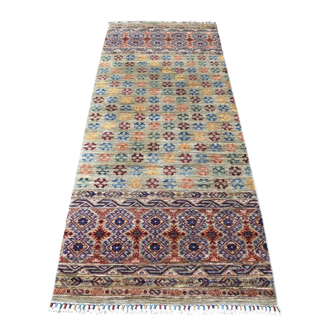 3'x7'7" Gray Super Kazak Khorjin Design Hand Knotted Pure Wool Runner Rug: 3'x7'7" Gray Super Kazak Khorjin Design Hand Knotted Pure Wool Runner Rug The 3'x7'7" Gray Super Kazak Khorjin Design Hand Knotted Pure Wool Runner Rug boasts an impressive size and intricate design, 