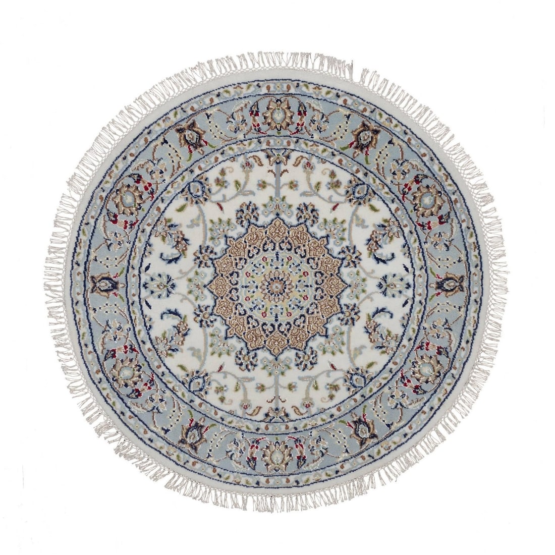 3'2"x3'2" Ivory Nain Flower Design Hand Knotted Wool and Silk Round Rug: 3'2"x3'2" Ivory Nain Flower Design Hand Knotted Wool and Silk Round Rug Ivory Nain Flower Design Hand Knotted Wool and Silk Round Rug boasts its elegant ivory color and intricate medallion pattern, ch