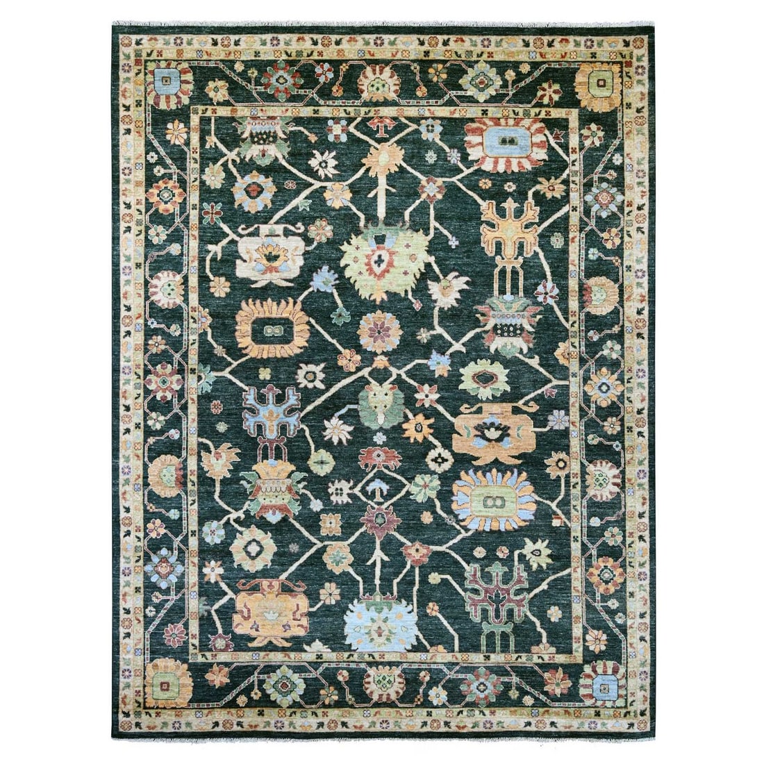 9'x11'9" Charleston Green Hand Knotted Angora Oushak with Leaf Design Wool: 9'x11'9" Charleston Green Hand Knotted Angora Oushak with Leaf Design Wool Charleston Green Hand Knotted Angora Oushak with Leaf Design Wool is a stunning, hand-knotted wool rug from Afghanistan. Its 