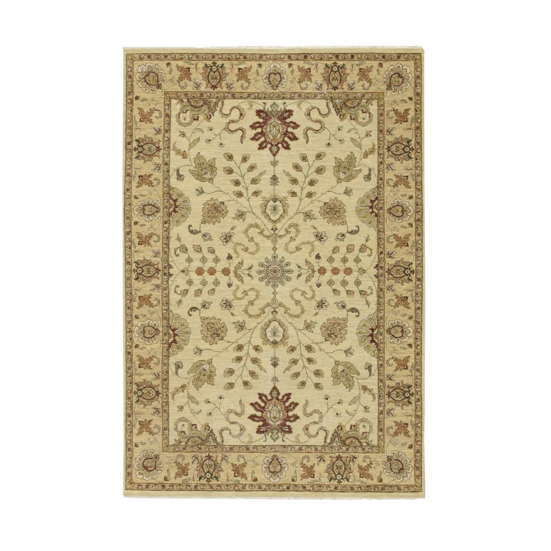 5'4"x8' Ivory Agra Ziegler Design Leaf Pattern Pure Wool Hand Knotted Rug: 5'4"x8' Ivory Agra Ziegler Design Leaf Pattern Pure Wool Hand Knotted Rug Hand-knotted in pure wool, this stunning 5'4"x8' Ivory Agra Ziegler Design Leaf Pattern rug boasts a beautiful floral pattern 