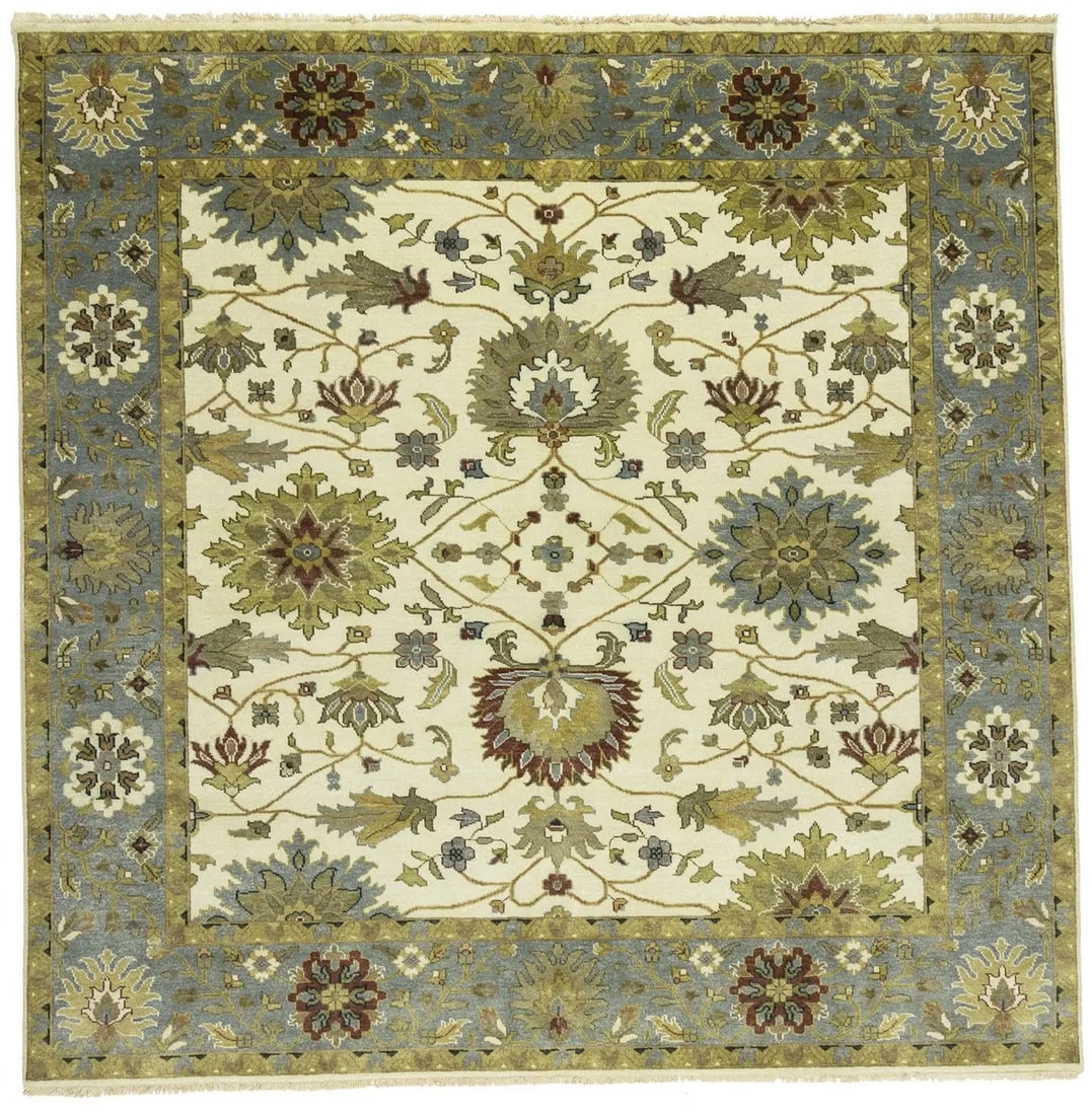 8X8 Cream Square Oushak Chobi Floral Handmade Oriental Rug Living Room Carpet Hand-Knotted: 8X8 Cream Square Oushak Chobi Floral Handmade Oriental Rug Living Room Carpet Hand-Knotted The cream-colored Oushak Chobi Floral rug boasts a stunning floral pattern in blue-gray, tan, gold, and olive