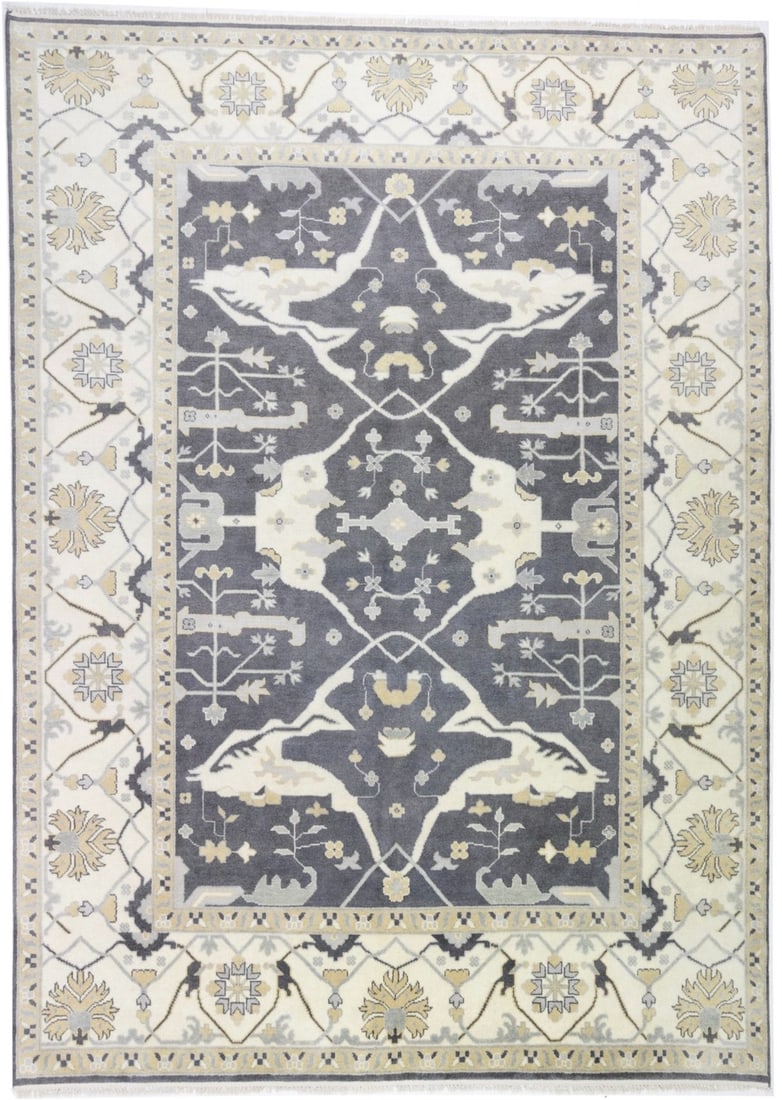 10X14 Dark Gray Floral Oushak Rug Muted Oriental Dining/Living Room Carpet Hand-Knotted: 10X14 Dark Gray Floral Oushak Rug Muted Oriental Dining/Living Room Carpet Hand-Knotted Hand-knotted in wool and cotton, this 10'2 x 13'11 Dark Gray Floral Oushak Rug boasts a traditional floral patte