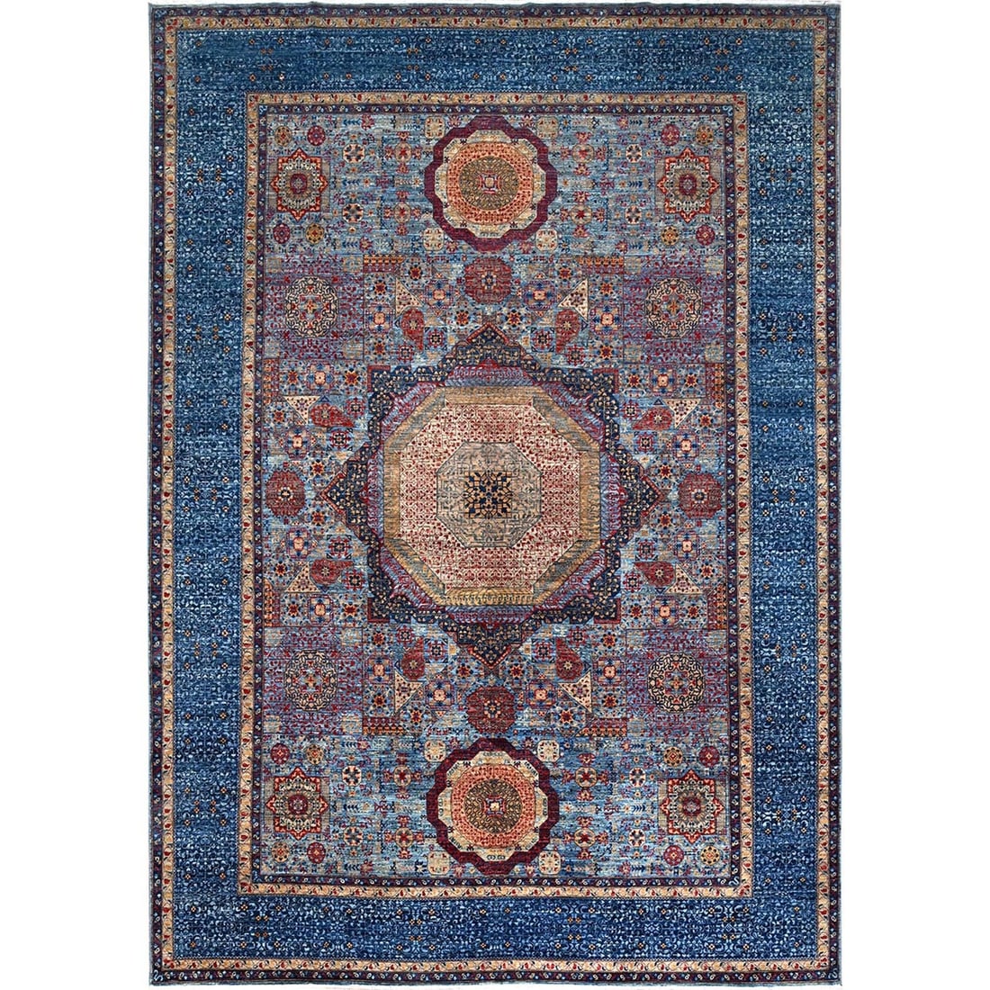Mamluk Blue Wool Hand Knotted Lichen Oriental Rug 9'10"x13'8: Mamluk Blue Wool Hand Knotted Lichen Oriental Rug 9'10"x13'8 100% wool, hand-knotted in blue, this Mamluk Oriental rug boasts an impressive size at 9'10"x13'8" and a unique lichen design. Made from hi