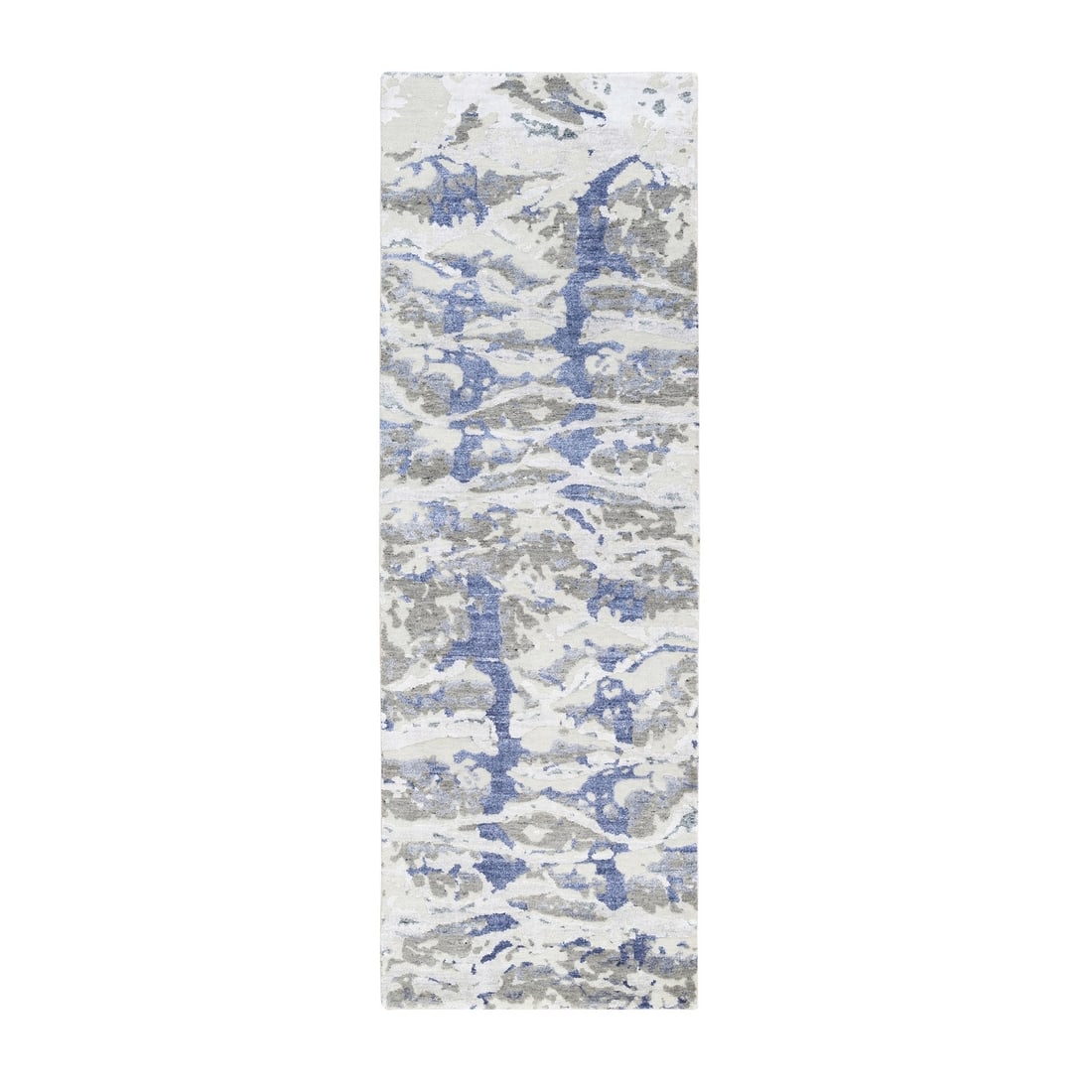 2'7"x8' Beige With Touches Of Blue Modern Wool And Silk Hand Knotted Rug: 2'7"x8' Beige With Touches Of Blue Modern Wool And Silk Hand Knotted Rug Modern and elegant, this 2'7"x8' Beige with touches of blue hand knotted rug boasts a unique blend of wool and silk. Its intric