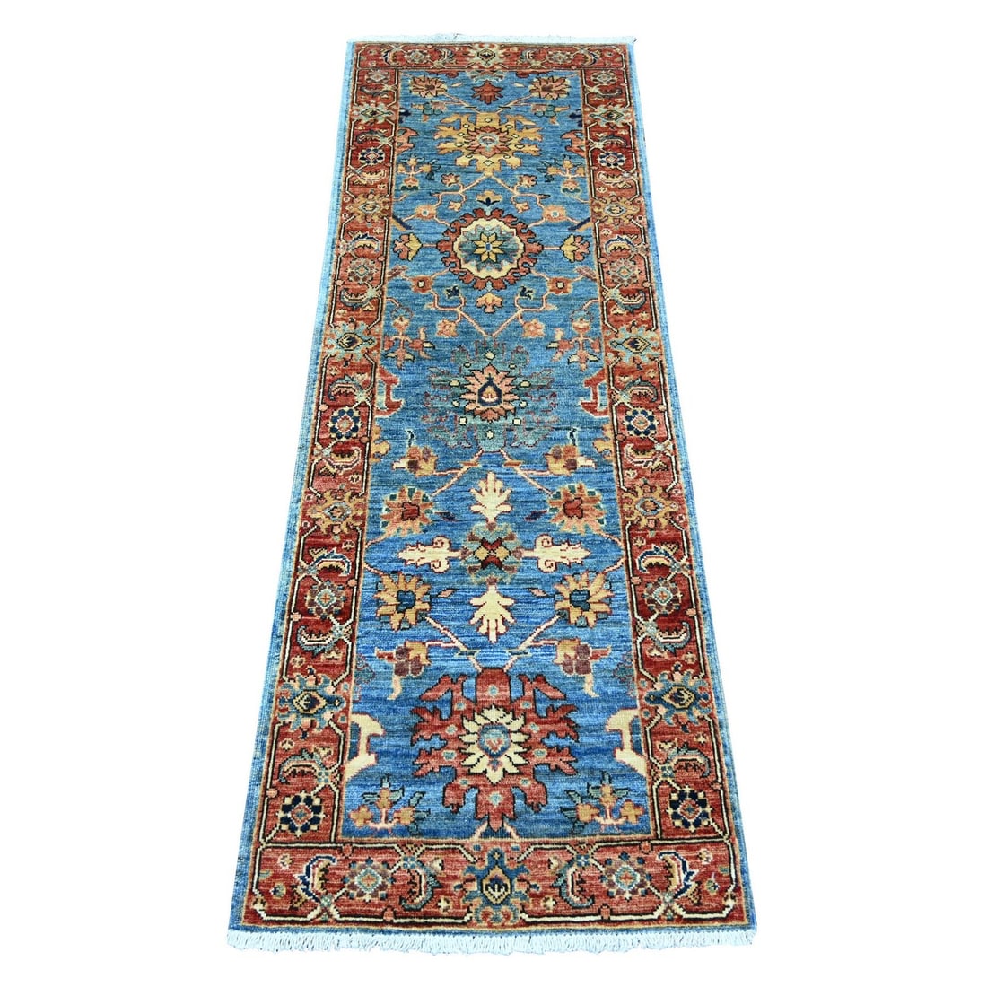 2'1"x6'1" Blue Heris All Over Design Soft Wool Hand Knotted Runner Rug: 2'1"x6'1" Blue Heris All Over Design Soft Wool Hand Knotted Runner Rug Soft and vibrant, this hand-knotted blue wool runner rug boasts an all-over design in a stunning regional style from Afghanistan.