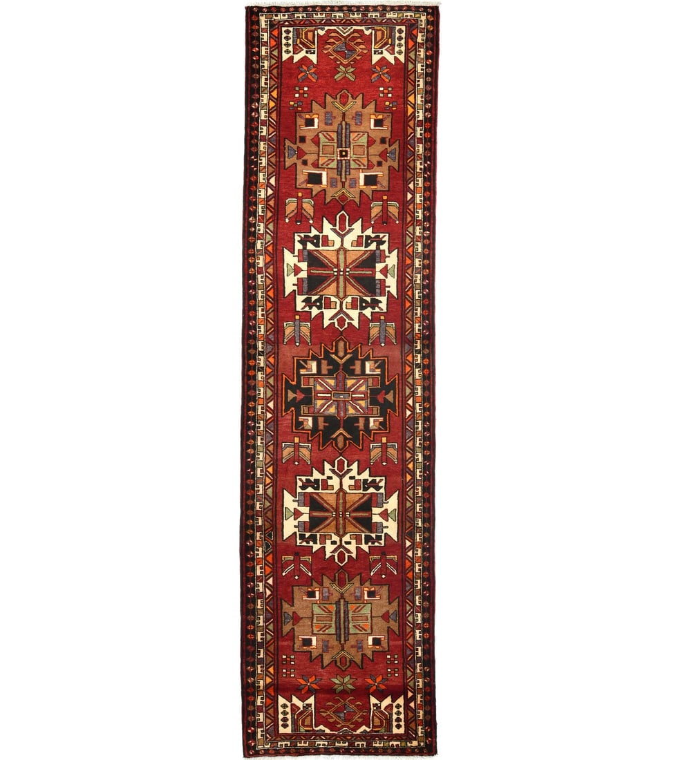 3'5X13'9 Wool Tribal Geometric Oriental Runner Rug Farmhouse Hallway Carpet Hand-Knotted: 3'5X13'9 Wool Tribal Geometric Oriental Runner Rug Farmhouse Hallway Carpet Hand-Knotted Hand-knotted wool runner rug with a vibrant tribal geometric design, adding a touch of vintage charm to your fa