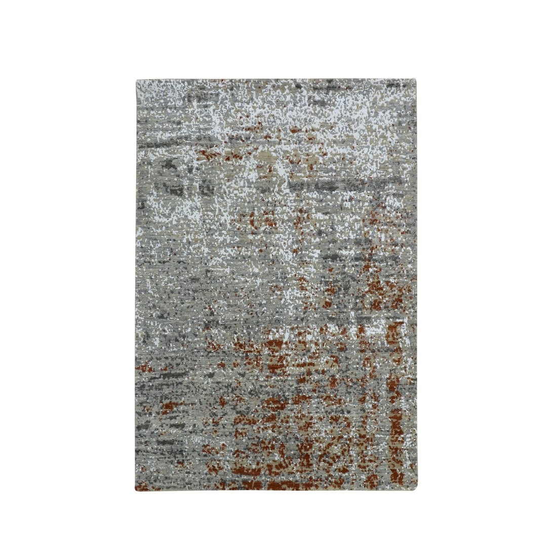 4'x6' Spanish Gray with Rust Abstract Design Pure Wool Hand Knotted Rug: 4'x6' Spanish Gray with Rust Abstract Design Pure Wool Hand Knotted Rug The 4'x6' Spanish Gray with Rust Abstract Design Pure Wool Hand Knotted Rug boasts an elegant, rectangular field with a subtle a