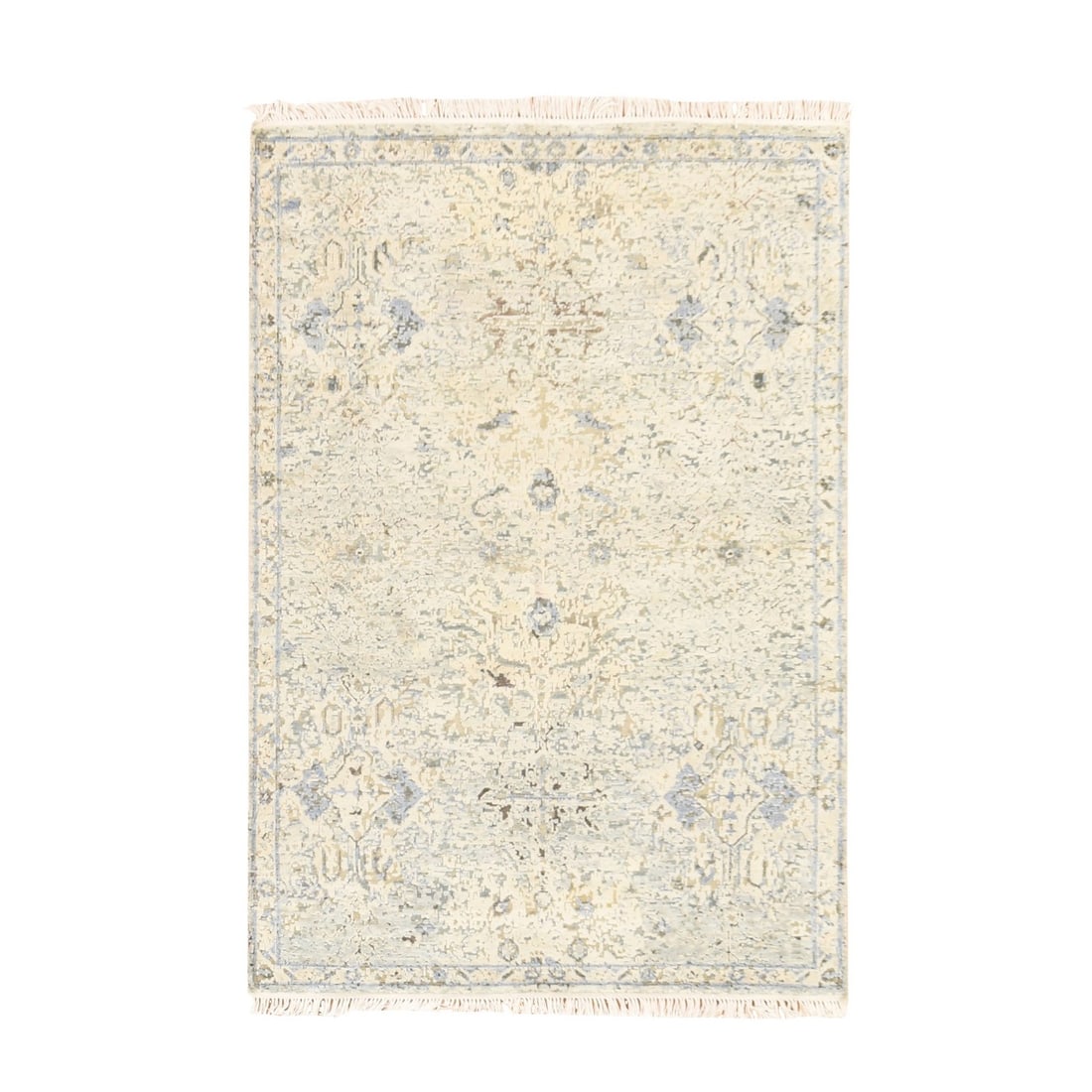 4'x6' Ivory Pure Silk with Textured Wool Oushak Design Hand Knotted Rug: 4'x6' Ivory Pure Silk with Textured Wool Oushak Design Hand Knotted Rug The 4'x6' Ivory Pure Silk with Textured Wool Oushak Design Hand Knotted Rug boasts an all-over regional design, featuring a clas
