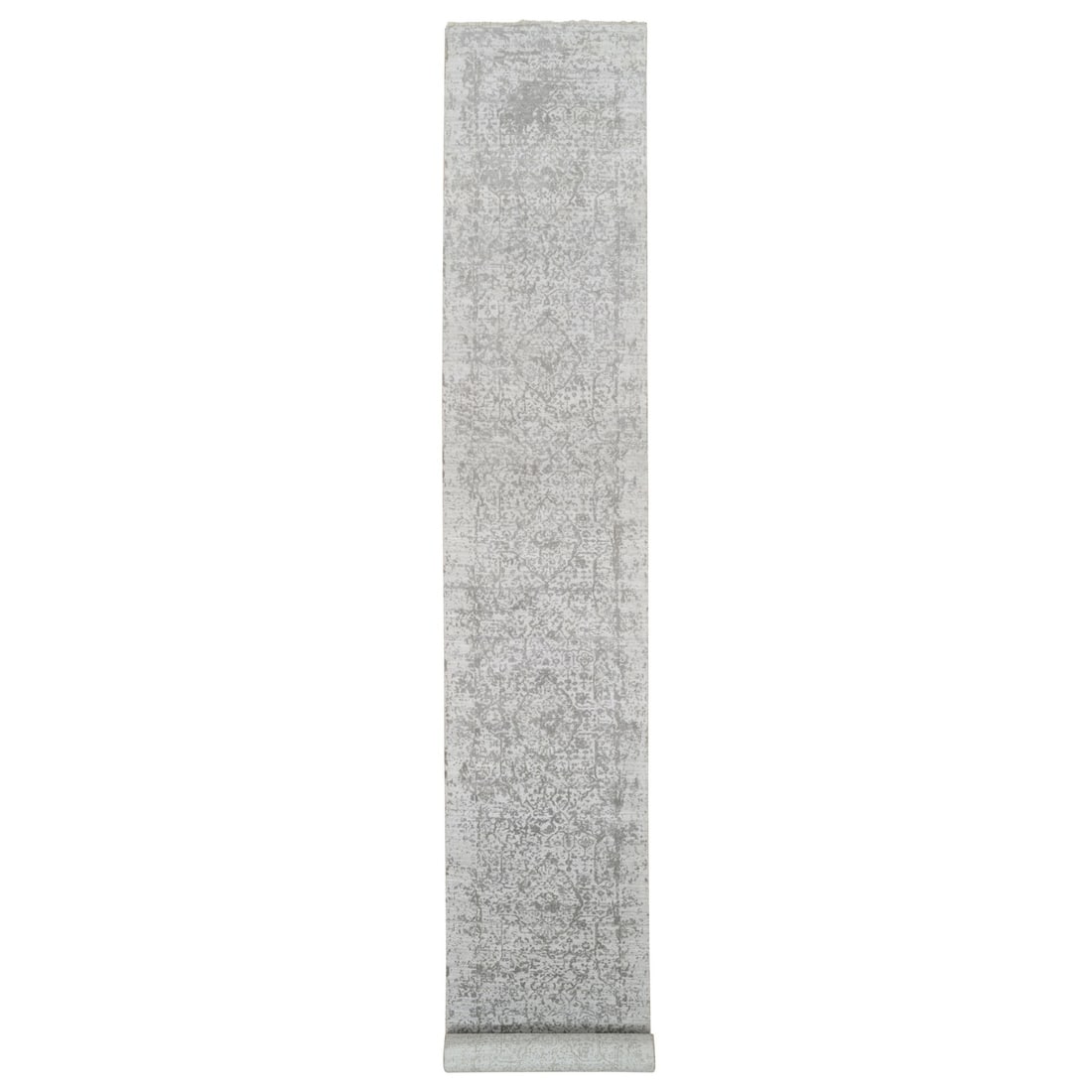 2'7"x20' Gray Wool and Silk Zoroastrian Design Hand Knotted XL Runner Rug: 2'7"x20' Gray Wool and Silk Zoroastrian Design Hand Knotted XL Runner Rug Hand-knotted with wool and silk, this stunning Zoroastrian design rug boasts a rich grey field color and intricate pattern. Me