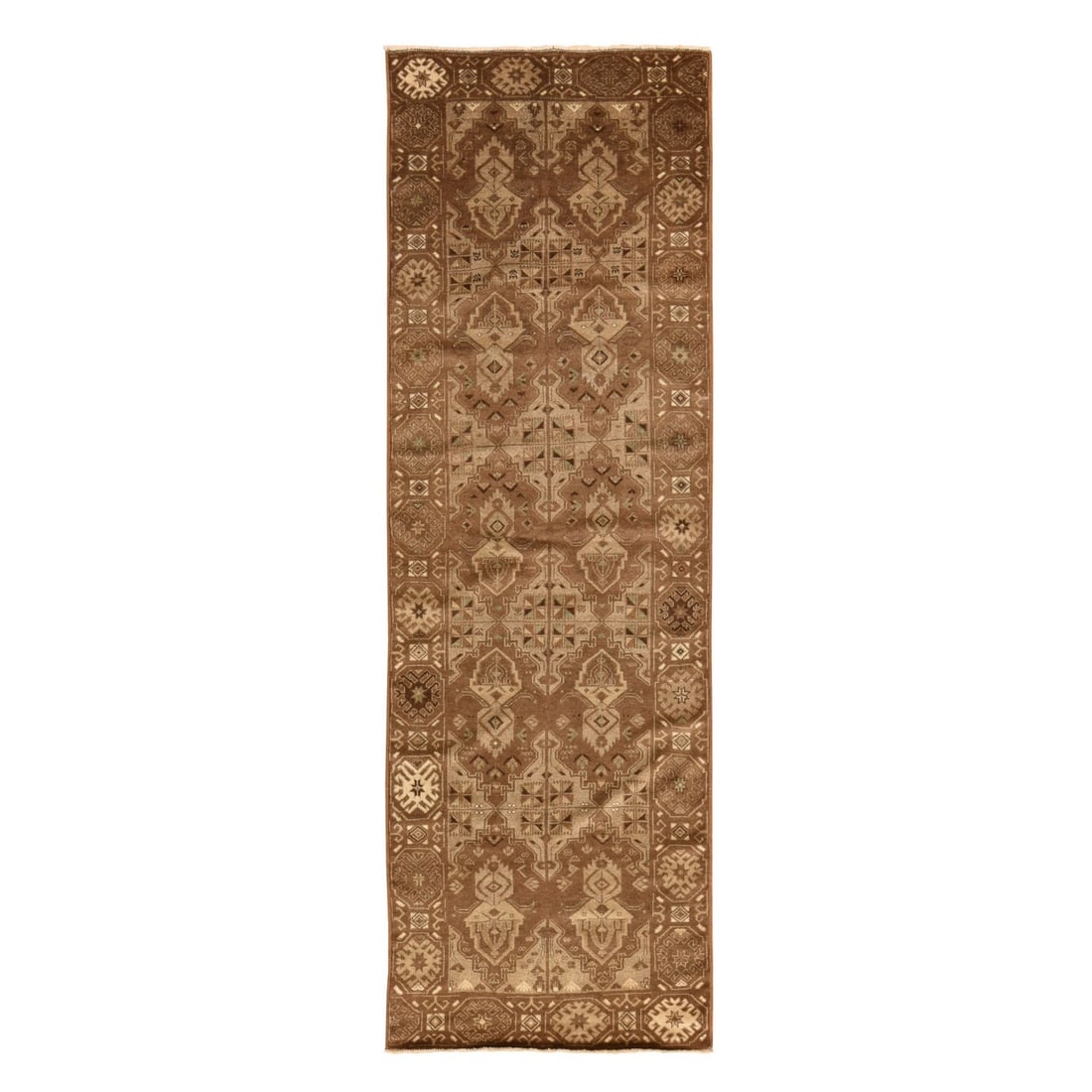 2'10"x9'2" Brown Washed Out Rug Afghan Balooch Hand Knotted Wool Runner: 2'10"x9'2" Brown Washed Out Rug Afghan Balooch Hand Knotted Wool Runner This stunning Balooch hand-knotted wool runner boasts a rich, earthy brown color and intricate geometric pattern, characteristic