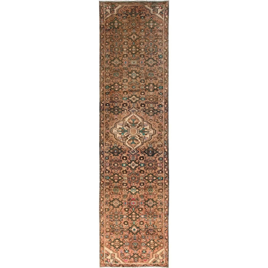 2'5"x9'7" Toast Brown Vintage Zoroastrian Hand Knotted Wool Runner Rug: 2'5"x9'7" Toast Brown Vintage Zoroastrian Hand Knotted Wool Runner Rug Hand-knotted wool runner rug with a rich medallion pattern in warm brown tones, set against a subtle background. This vintage Zor