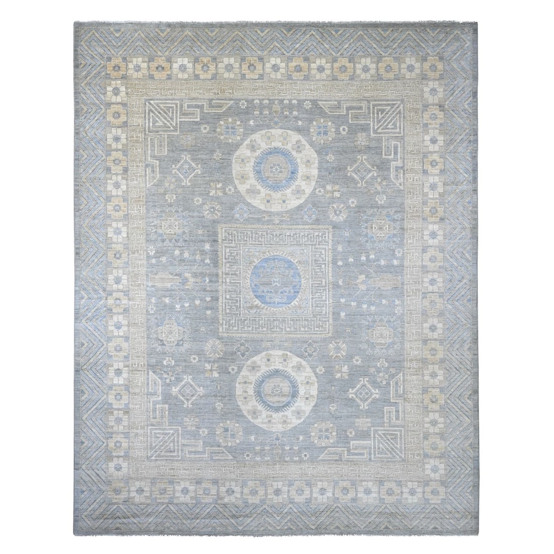 11'6"x14'4" Gray Peshawar with Khotan Design Hand Knotted Pure Wool XL Rug: 11'6"x14'4" Gray Peshawar with Khotan Design Hand Knotted Pure Wool XL Rug The 11'6"x14'4" Gray Peshawar with Khotan Design Hand Knotted Pure Wool XL Rug boasts a stunning medallion pattern, character