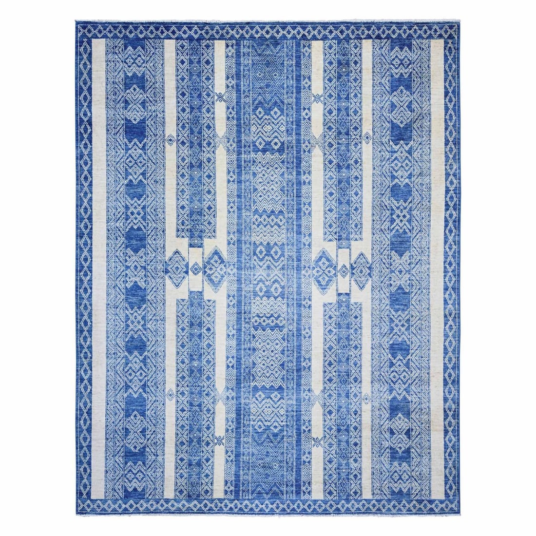 8'1"x9'9" Dutch Blue Fine Peshawar Organic Wool Hand Knotted Rug: 8'1"x9'9" Dutch Blue Fine Peshawar Organic Wool Hand Knotted Rug This stunning Dutch Blue Fine Peshawar Organic Wool Hand Knotted Rug boasts an impressive rectangular field with intricate Oriental Reg