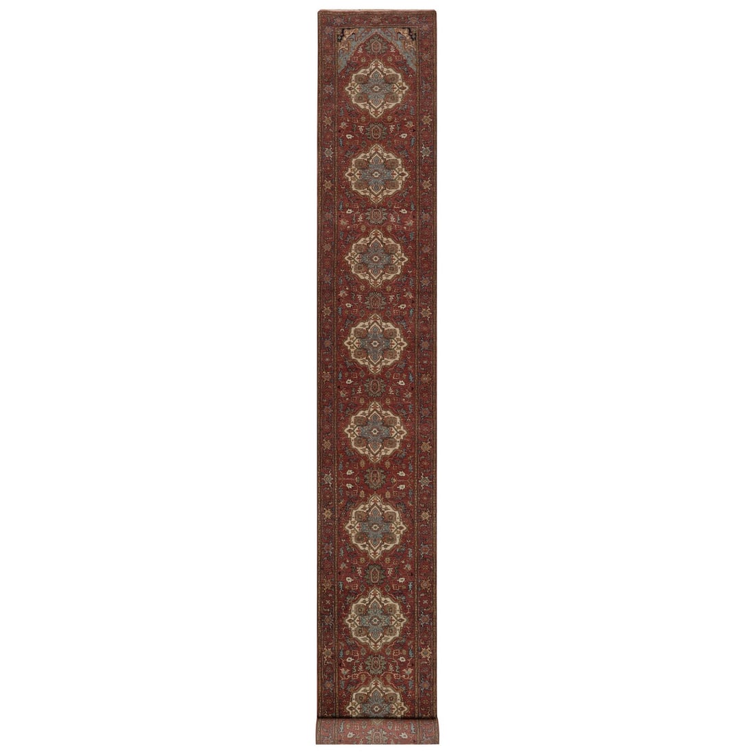 2'7"x21'7" Red Antiqued Fine Heris Recreation Wool Hand Knotted Runner Rug: 2'7"x21'7" Red Antiqued Fine Heris Recreation Wool Hand Knotted Runner Rug Hand-knotted wool runner rug with an intricate medallion design in rich red hues, set against a subtle background. This stunn