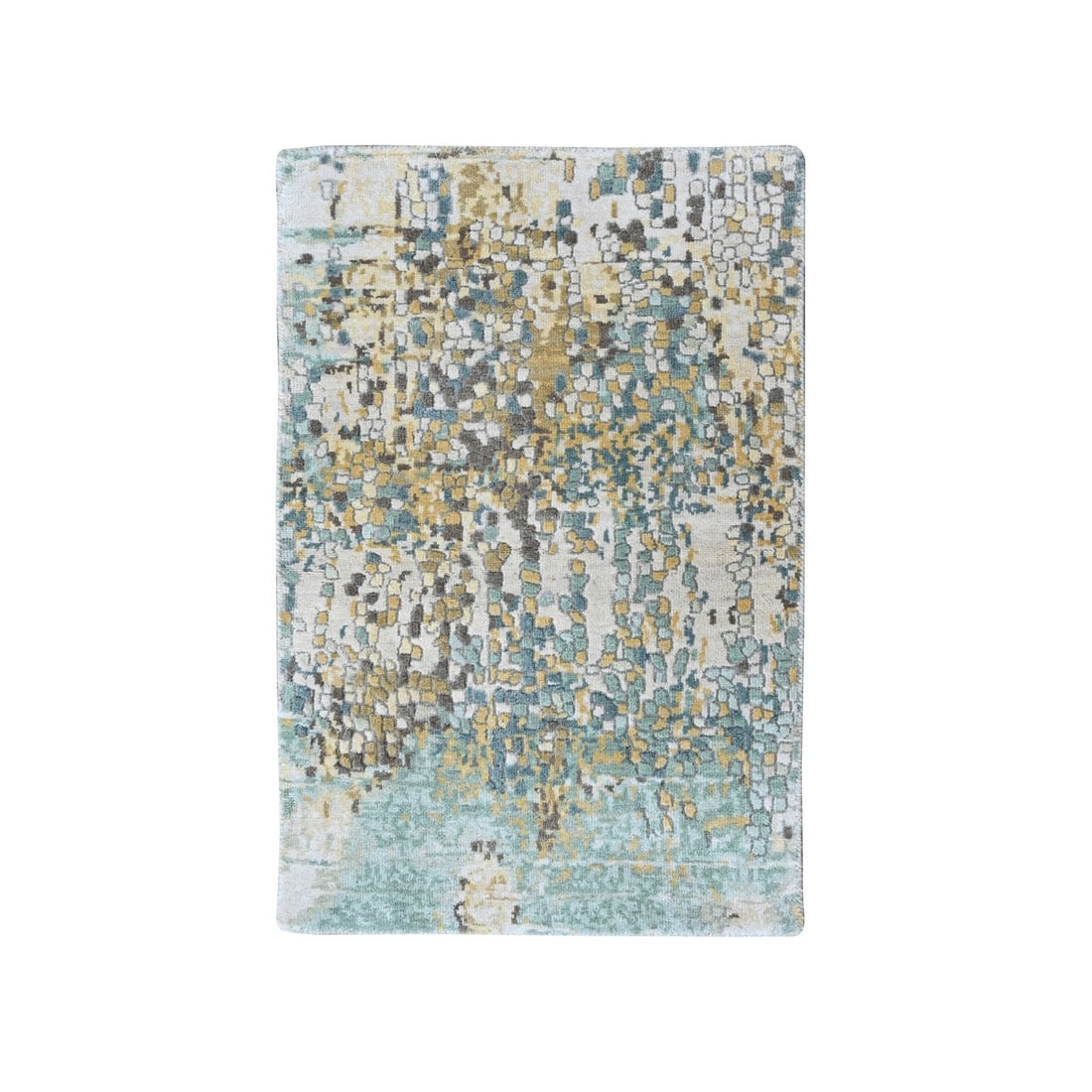 Hand Knotted Mat Rug 2'x3' Green with Gold Abstract Design Wool and Silk: Hand Knotted Mat Rug 2'x3' Green with Gold Abstract Design Wool and Silk Hand-knotted with wool and silk, this stunning 2'x3' green mat rug boasts an intricate abstract design in gold. Made using trad