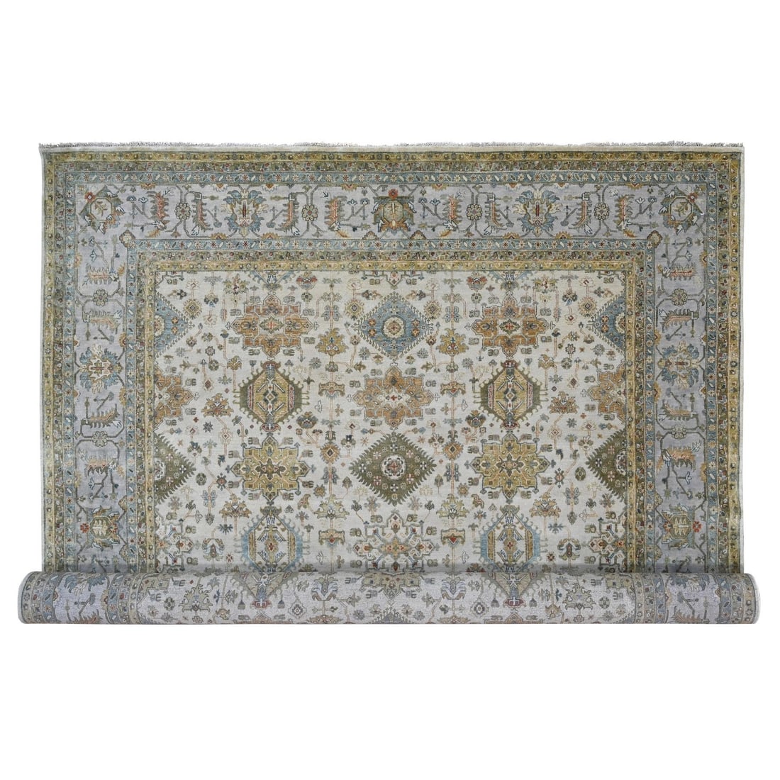 11'10"x17'10" Ivory Pure Wool Hand Knotted Karjihooz Design Oversized Rug: 11'10"x17'10" Ivory Pure Wool Hand Knotted Karjihooz Design Oversized Rug The Ivory Pure Wool Hand Knotted Karjihooz Design Oversized Rug boasts an impressive size, measuring 11'10" x 17'10", with a r