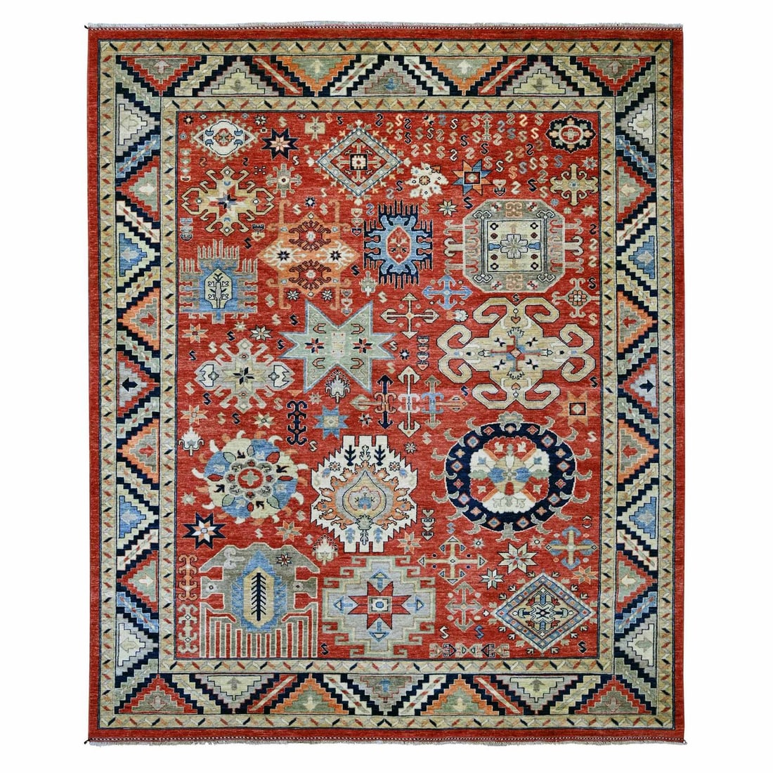 8'1"x9'9" Red Afghan Ersari with Caucasian Design Revival Hand Knotted Wool: 8'1"x9'9" Red Afghan Ersari with Caucasian Design Revival Hand Knotted Wool 8'1"x9'9" Red Afghan Ersari with Caucasian Design Revival Hand Knotted Wool features a striking medallion pattern in rich re
