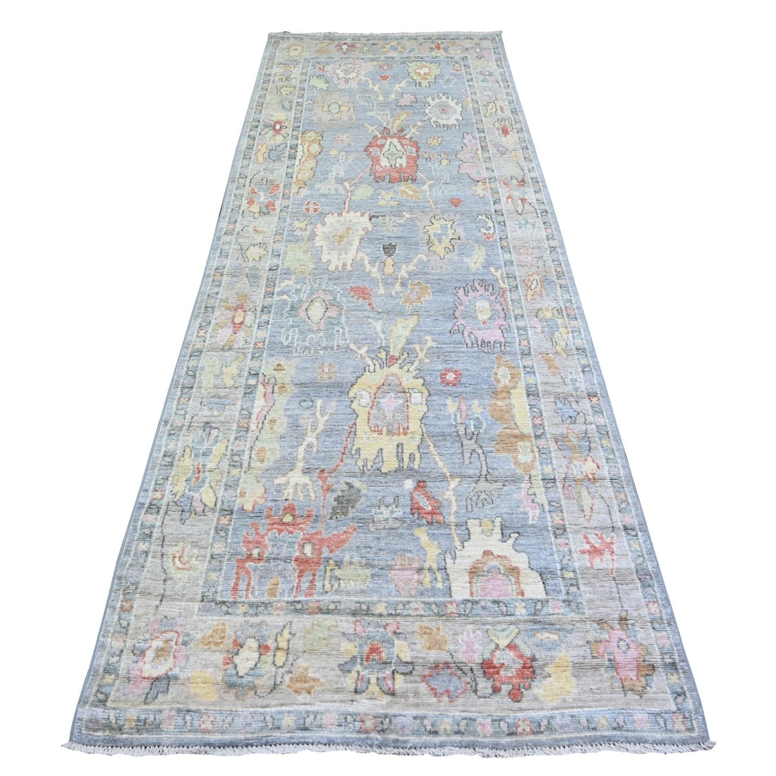 Blue Gray Pure Wool Hand Knotted Afghan Angora Oushak Runner Rug: Blue Gray Pure Wool Hand Knotted Afghan Angora Oushak Runner Rug Hand-knotted in pure wool, this stunning Blue Gray Oushak runner rug boasts an intricate oriental design and a rich grey field color. M
