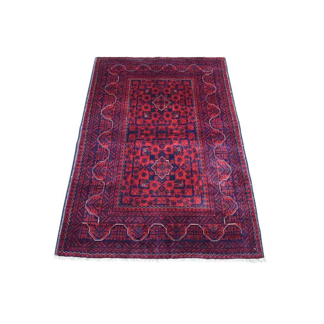 3'3"x4'8" Geometric Design Afghan Khamyab Wool Hand Knotted Oriental Rug: 3'3"x4'8" Geometric Design Afghan Khamyab Wool Hand Knotted Oriental Rug The 3'3"x4'8" Geometric Design Afghan Khamyab Wool Hand Knotted Oriental Rug boasts a striking red field with intricate flatwea