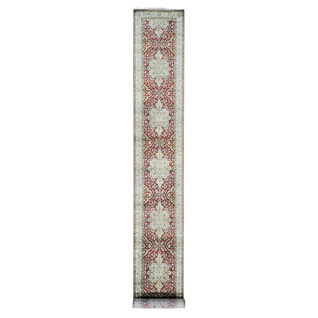 Rust Red Kishoon Wool Hand Knotted 2'6"x17'10" Revival XL Runner Rug: Rust Red Kishoon Wool Hand Knotted 2'6"x17'10" Revival XL Runner Rug Hand-knotted in New Zealand wool, this vibrant Rust Red Kishoon rug boasts an impressive 17'10" length and a sturdy 2'6" width. Its